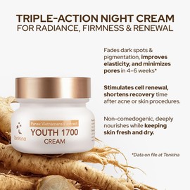 Youth 1700 Anti Aging Night Cream, Face Moisturizer with Niacinamide, Hyaluronic Acid, Peptide, Bakuchiol & Vietnamese Ginseng for Firming, Reduces Fine Lines & Wrinkle, All Skin Types, 1.76 oz