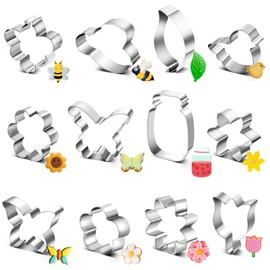 Funtery 12 Pieces Spring Flower Cookie Cutters Set Butterfly Flower Tulip Bee Cherry Blossoms for Holiday Party Stainless Steel