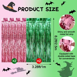Wicked Party Decorations-4 Pack 3.28 x 8.2 Ft Green and Pink Tinsel Foil Fringe Curtain Glitter Streamers Backdrop Party Decor for Retro Disco Cosplay Witch Princess Wicked Birthday Decor Supplies