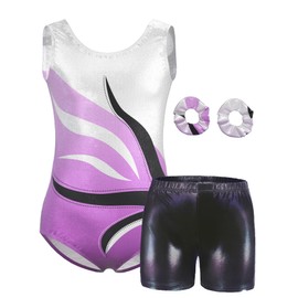 MOLLDAN Girls Gymnastics Leotard Athletic Biketard Unitard Tumbling Activewear Outfits for kids, Gym-ribbon Set 3, 9Y(9-10 Years)
