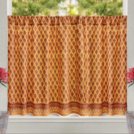Saffron Marigold Half Kitchen Cotton Curtains for Small Windows, Bathroom and Cafe Hand Block Printed Indian Summer - Orange Modern Boho Design - 44x36 Inches