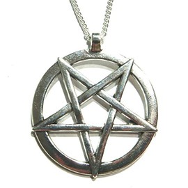 Large Unisex Inverted Pentagram Pendant on Silver-Tone Chain Necklace