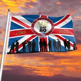 VE Day 80th Anniversary Flag, 3x5 FT Vivid Color Celebration Flag with Eyelets for Bedroom Yard Garden Outdoor Indoor Decor（Single-sided Printing）