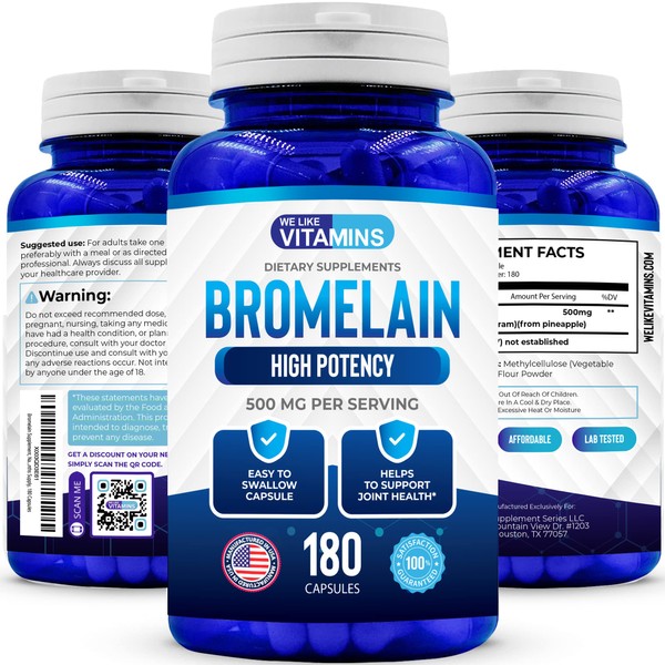We Like Vitamins Bromelain 500mg Capsules - 2400GDU/g - Organic Bromelain Supplement from Pineapple Extract - Proteolytic Enzymes for Digestion, Absorption, Joint Pain, Muscle Soreness - 180 Capsules