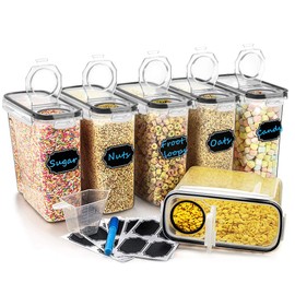 Wildone Cereal Storage Containers Set, Large BPA Free Plastic Airtight Food Storage Containers 4L /135.3oz for Cereal, Flour, Sugar, 6 Piece Set Cereal Dispensers with 20 Labels & Marker, Black