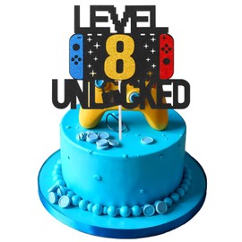 Larrel Tortendeko Geburtstag, Tortendeko Gaming Level 8 Unlocked Geburtstag Kuchen Deko Videospiel Tortendeko Geburtstag DIY Level Up Happy Birthday Cupcake Topper mit Papier Stick für 8 Jahre Junge