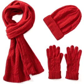 3 in 1 Womens  Hat Gloves & Scarf Winter Set, 3 count  Knitted Beanie Hat for Women with Gift Box - Color: Burgundy
