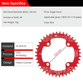 BESNIN 104 BCD Chainring Round 30/32/34/36/38/40/42/44/46/48/50/52 Teeth Bicycle Chainring Narrow Wide for 7/8/9/10/11/12-Speed MTB, BMX, Mountain Bike, Road Bike