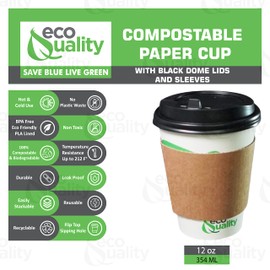 12 oz Compostable Paper Cups with Black Dome Lids and Sleeves - Biodegradable Disposable White Paper Coffee Cups PLA Lined - Eco-friendly Hot and Cold Drinking Cups (100)