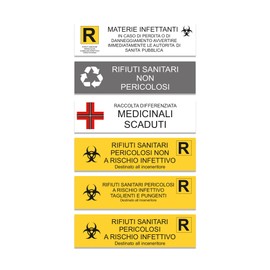 GamesMonkey® - Stickers for Waste Separation, Recycling Hazardous Special Waste Infection Medicines - Waterproof Washable Illustrated - Italian (20 x 6, 6 Pieces)