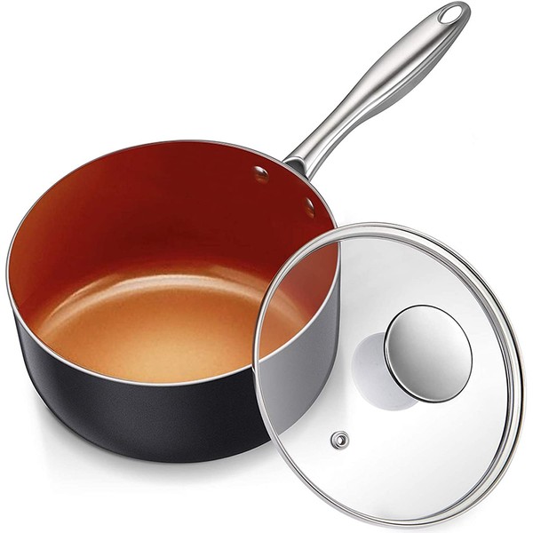 MICHELANGELO 3 Quart Saucepan with Lid, Ultra Nonstick Coppper Sauce Pan with Lid, Small Pot with Lid, Ceramic Nonstick Saucepan 3 quart, Small Sauce Pot, Copper Pot 3 Qt, Ceramic Sauce Pan 3 Quart