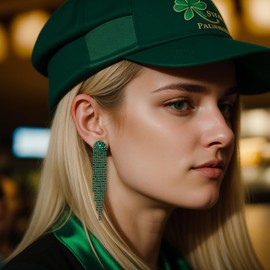 BriLove Big Statement Tassel Chain Rhinestone Earrings for Women Fashion Long Chandelier Dangling Crystal Fringe Dangle Drop Earring Emerald Color Green-Tone