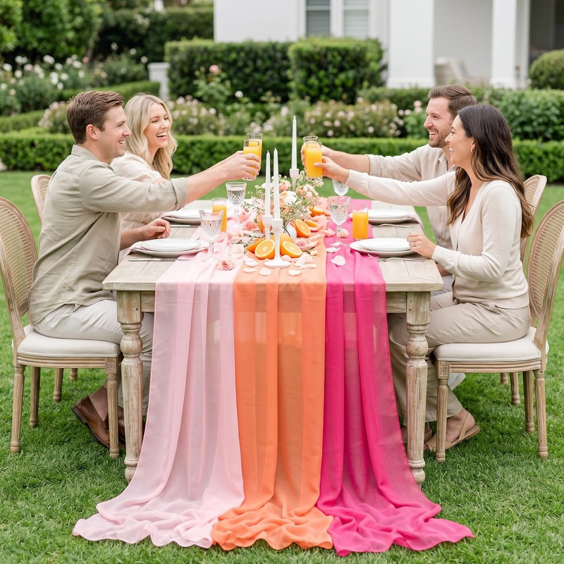 Pink Orange Party Decoration Table Runner, 3 Pack Boho Chiffon