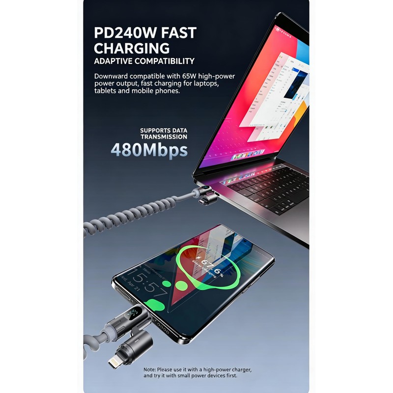 240W 4-in-1 Coiled Fast Charging Cable with LED Display, USB-A