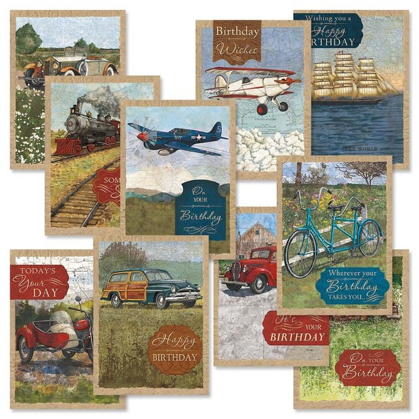 Current Vintage Travel Birthday Greeting Cards Value Pack - Set of 20, 10 Unique Designs, Large 5 x 7 Inch Cards, Sentiments Inside, Envelopes Included