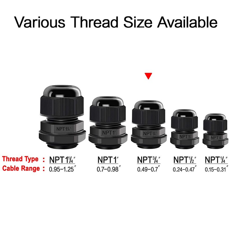 LeMotech 50 Pack NPT 3/4" Cable Glands Waterproof Adjustable 12.5-18mm