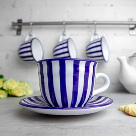 Handmade Dark Navy Blue Stripe Large Ceramic 12oz/350ml Cappuccino Coffee Tea Cup and Saucer, Unique Designer Pottery for Tea Lovers by City to Cottage®