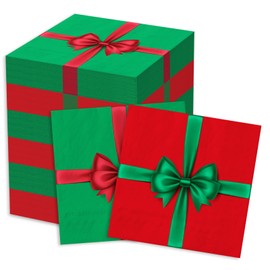 JarThenaAMCS 100Pcs Christmas Cocktail Napkins Red Green Gift Box Paper Napkins Bow Knot Gift Box Disposable Beverage Napkins for Xmas Party Supplies