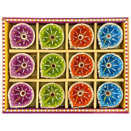 KSJONE 12 Pcs Hand Painted Diwali Decoration Diwali Clay Diya with Cotton Wicks Oil Lamp Indian Festive Home Decoration Traditional Temple Pooja Laxmi Puja Diyas Diwali Decor (Design 1)