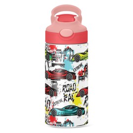 Boccsty Bright Race Car Truck Kids Water Bottle with Straw Lid Sport Cars Insulated Stainless Steel Reusable Tumbler for Boys Girls Toddlers 12 oz