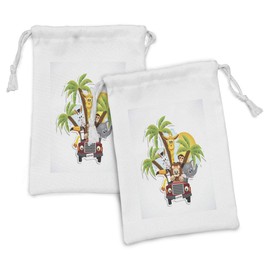 Ambesonne Cartoon Fabric Pouch Set of 2, Zebra Toucan Lion and Forest Animals Driving Savannah Theme Illustration Print, Small Drawstring Bag for Toiletries Masks and Favors, 9" x 6", Multicolor