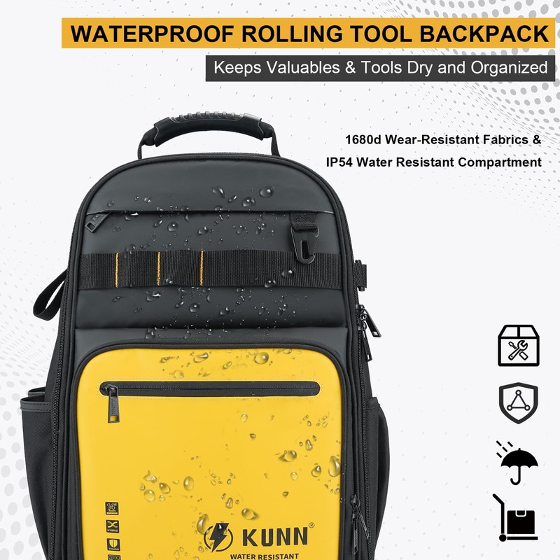 KUNN Rolling Tool Backpack with Wheels, Heavy Duty Waterproof Wheeled