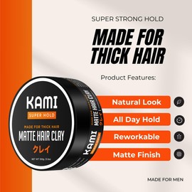 Kami Hair Clay for Men - Strong Hold, Matte Finish for Thick Hair, Long-Lasting Styling Clay for Texture, Volume, & All-Day Control -Hair Care Product