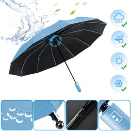Poligono Windproof Umbrella Automatic Open and Close for Men and Women, Compact, 12 Bone Umbrella, Large, Diameter 105 cm, sky blue
