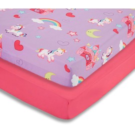 EVERYDAY KIDS 2 Pack Fitted Girls Crib Sheet, 100% Soft Breathable Microfiber, Baby Sheet, Fits Standard Size Crib Mattress 28in x 52in, Nursery Sheet - Unicorns/Hot Pink