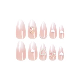 ASONRL 24 PCS Press on Nails Almond - French Tip Medium Gel Nail Fake Nails, Glue On Nails Kit, Reusable False Nails with Mini Nail File for Women- Almond French Heart Bear