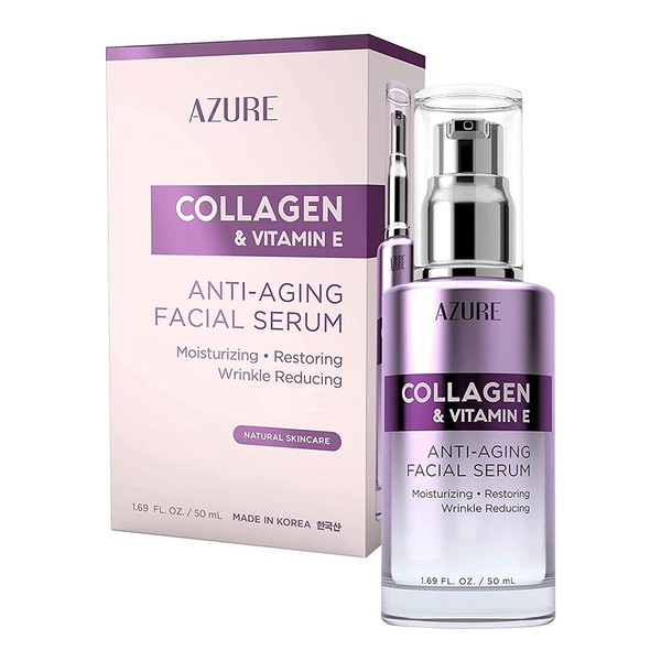 AZURE Collagen & Vitamin E Anti Aging Facial Serum - Restoring, Smoothing & Hydrating Face Serum - Reduces Fine Lines & Wrinkles, Repairs Dry, Tired & Dehydrated Skin - Skin Care Made in Korea - 50mL / 1.69 fl.oz.