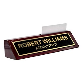 Piano Finished Rosewood Desk Name Plate with Card Holder, 2" x 8", Black/Gold Plate