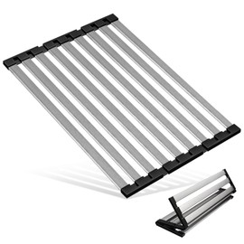 TIKNIK 21.5" X 13" Dish Drying Rack, Over Sink Drying Rack, Kitchen Roll Up 304 Stainless Steel Drain Rack, Roll Up for Kitchen and RV Sinks, Black
