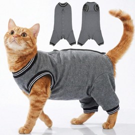 T'CHAQUE Cat Clothes Surgery Recovery Suit for Female Male, Cat Onesie Pet Surgical Pajamas Hind Legs Long Sleeve, Abdominal Wound Skin Diseases, E-Collar Alternative, Spay Recovery Suit (Gray-M)