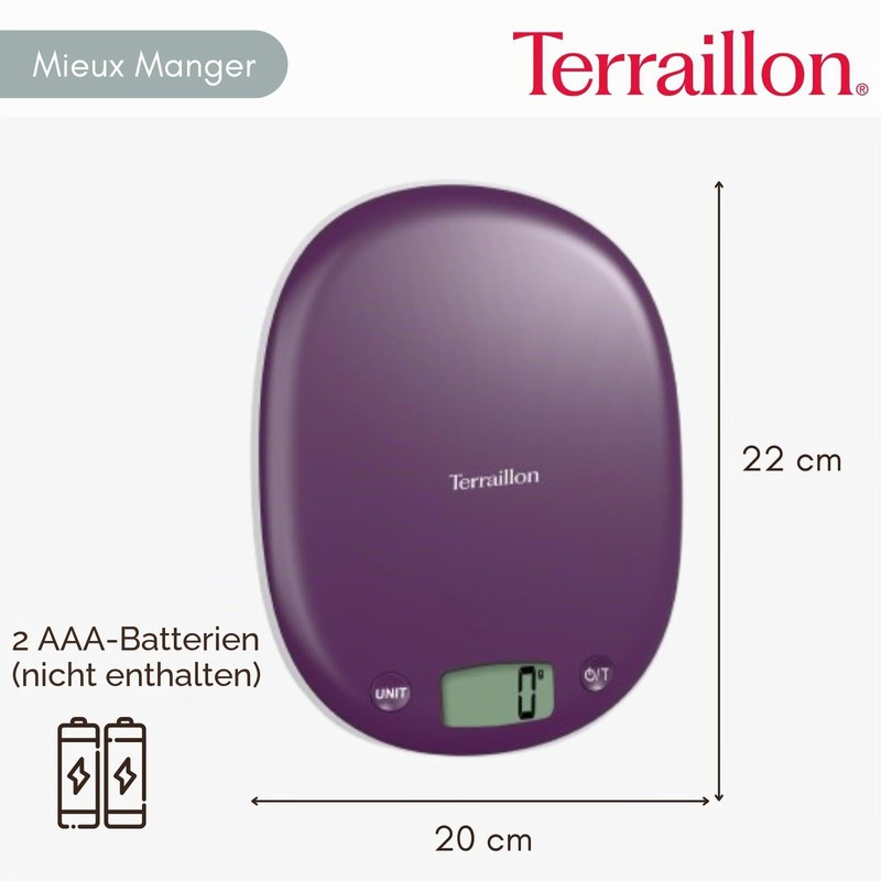 TERRAILLON Electronic Kitchen Scales - Tare Liquid Conversion, Integrated Handle,