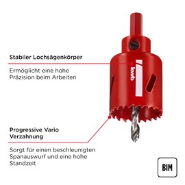 kwb HSS Bi-Metal Hole Saw, Diameter 40 mm, with Progressive Vario Teeth, High Precision, Hex Shank, 38 mm Cutting Depth and Pilot Drill
