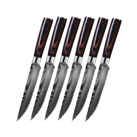 The Epicurean Cook Majesty Series Professional Steak Knife Set with Damascus Pattern - Razor Sharp Serrated Stainless Steel with Wooden Handle (Set of 6 Steak Knives)