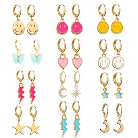 12 Pairs Preppy Earrings Pack,Colorful Preppy Earrings Pack with Charms and Pendants Trendy Jewelry for Women