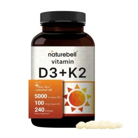 NatureBell Vitamin D3 5000 IU, Vitamin K2 MK-7, 2 PACK, 100mcg, 240 Softgels (480 total!)