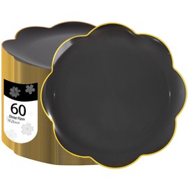 LIYH 60 Pcs 10.25 Inch Black and Gold Plastic Plates - Scalloped Dinner Plate Disposable, Fancy Black Gold Rim Plastic Tableware Dishes Plates Heavy Duty for Party