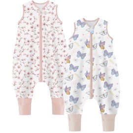 Teechodina Baby Sleeping Bag with Feet, Pack of 2, 100% Cotton, 1.5 Tog, Children's All-Year Sleeping Bag with Legs for Boys and Girls, 1.5 Tog/Cherry Blossom + Butterfly, 70 cm / Baby Height 80-90 cm