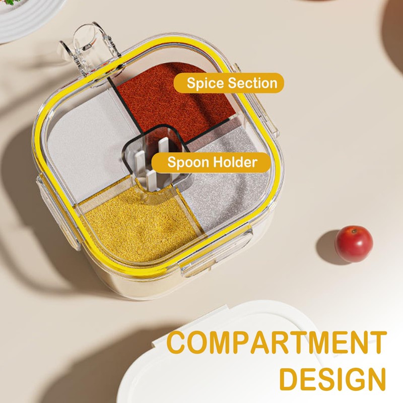 REIKOMO 4-Compartment Clear Seasoning Box with Lids and Spoons, Airtight