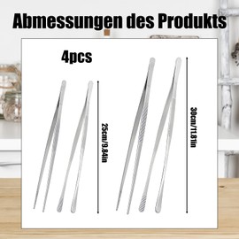 Set of 4 Kitchen Tweezers, 25 cm and 30 cm Cooking Tweezers Stainless Steel Set, Tweezers Kitchen with Round and Pointed Head, Barbecue Tweezers and Cooking Tongs for Kitchen, BBQ and Family