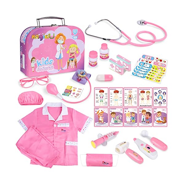 Magic4U Kids Doctor Costume Kit with Real Working Stethoscope and Carry Case, 34 Pieces Pretend-n-Play Realistic Medical Dr Toys Set for Toddler Boys Girls (Pink, 3-5yrs)