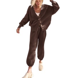 Womens 2 Piece Sweater Matching Sets Fashion Oversized Cardigan and Baggy Long Pants Knitted Outfits Set Sweatsuit Coffee