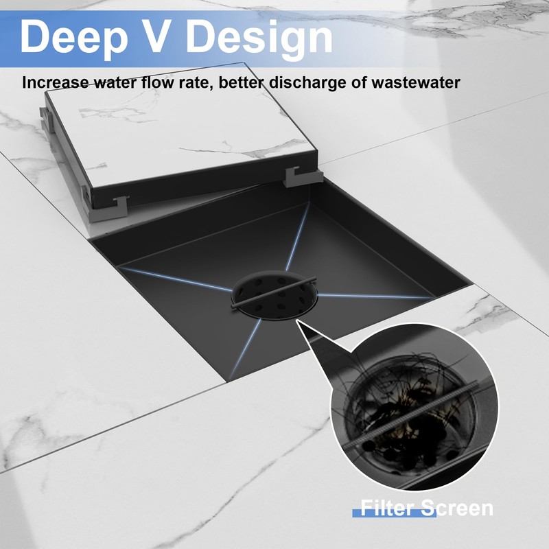 6-Inch Square Shower Drain with Tile Insert Grate, SUS 304
