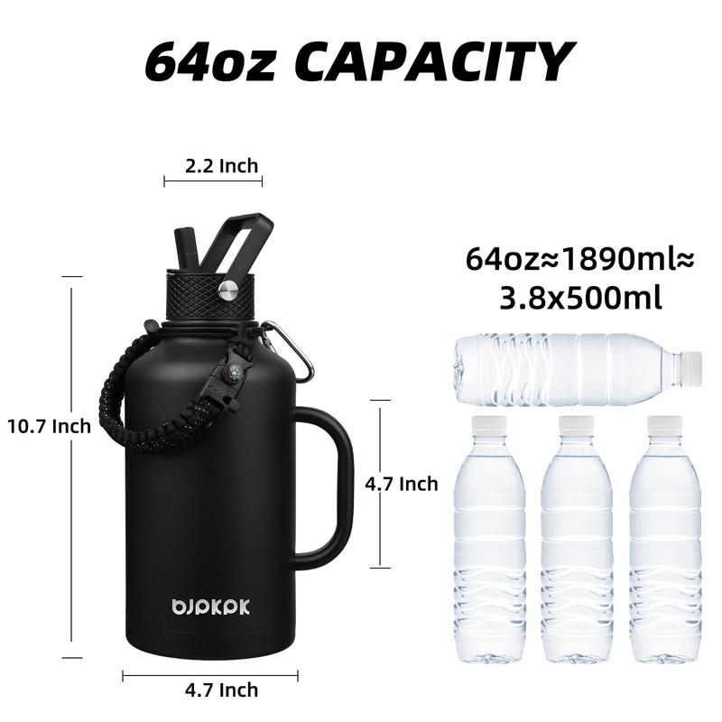 BJPKPK Half Gallon Insulated Water Bottles with Straw Lid &