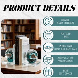 Decorative Bookends for Shelves, Hand Blown Ocean Crystal Ball Unique Bookends for Heavy Books, Office Desk Decor, Ideal for Ocean Lovers (Dark Green)
