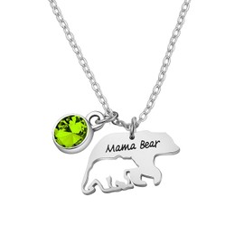 Mama Bear Necklace Mom Necklace Mothers Day Gifts Mama and Baby Bear Necklace with 12 Months Birthstone Birthday Gift Family Jewelry for Her (August)