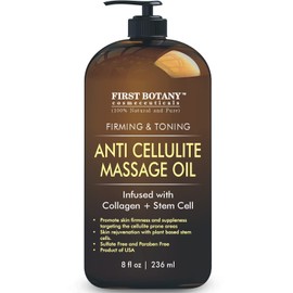 First Botany, Aceite de masaje anticelulítico infundido con colágeno y células madre, tratamiento natural para celulitis y estrías para hombres y mujeres, 8 onzas